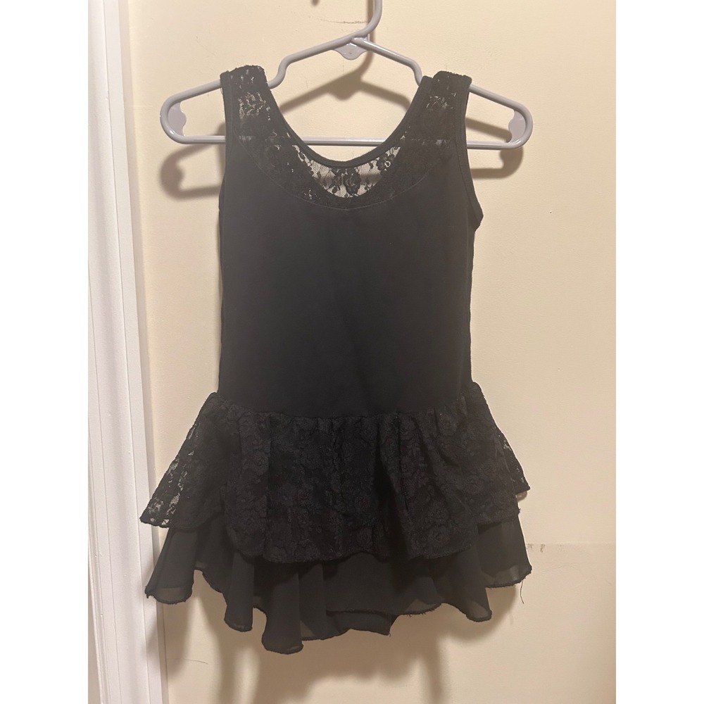 Black Sleeveless Girls Lace Sz 6-7 (120) Leotard with Built in Lace Tutu Skirt